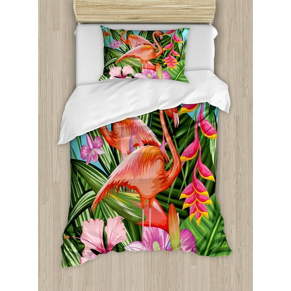 Ambesonne Flamingo Duvet Cover Sets, Hibiscus Tropic Flower, 2-Twin, Green Pink Blue