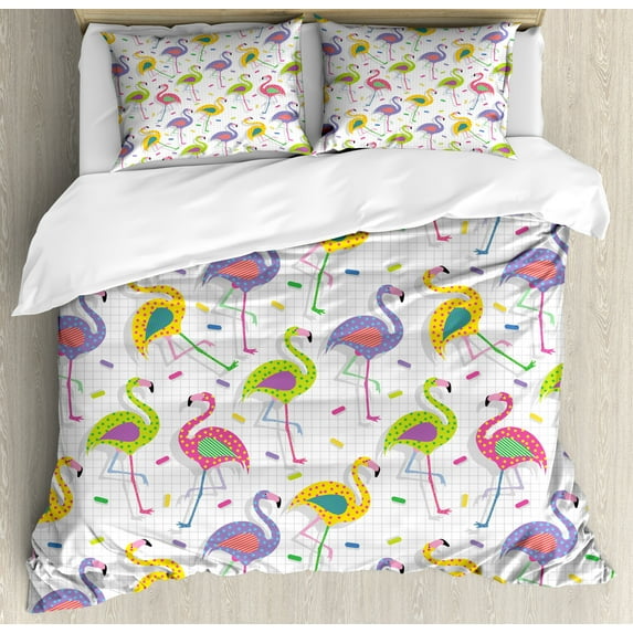 Ambesonne Flamingo Duvet Cover Sets, Retro Colorful Pattern, 2-Queen, Multicolor