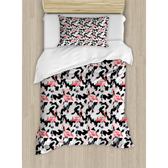 Ambesonne Flamingo Duvet Cover Sets, Watercolor Nature Camo, 2-Twin, Dark Coral Pale Pink