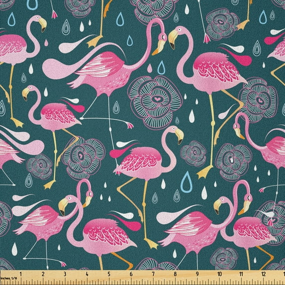 Ambesonne Flamingo Fabric by the Yard Microfiber, Exotic Pink Birds Flowers, 10 Yards, Dark Teal Pink Pale Blue