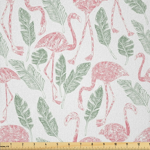Ambesonne Flamingo Fabric by the Yard Microfiber, Pastel Bird and Leaves, 1 Yard, Peacock Green Pink