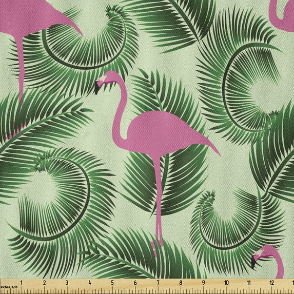 Ambesonne Flamingo Fabric by the Yard Microfiber, Summer Tropical Bird Palm, 3 Yards, Pink Emerald