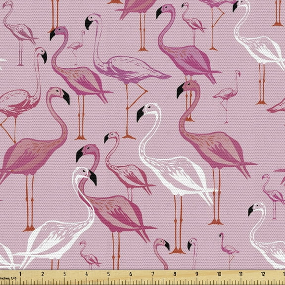 Ambesonne Flamingo Fabric by the Yard Upholstery, Animals in Pinkish Tones, 2 Yards, Pink Pale Pink and White