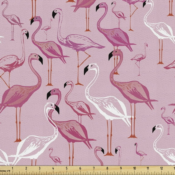 Ambesonne Flamingo Fabric by the Yard Upholstery, Animals in Pinkish Tones, 3 Yards, Pink Pale Pink and White