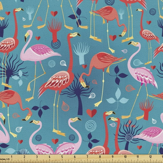 Ambesonne Flamingo Fabric by the Yard Upholstery, Colorful Animals Swirls, 5 Yards, Multicolor