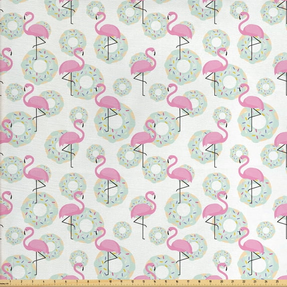 Ambesonne Flamingo Fabric by the Yard Upholstery, Donuts Hawaii Animals, 10 Yards, Pink Mint Green Beige