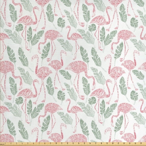 Ambesonne Flamingo Fabric by the Yard Upholstery, Pastel Bird and Leaves, 5 Yards, Peacock Green Pink