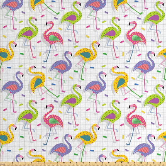 Ambesonne Flamingo Fabric by the Yard Upholstery, Retro Colorful Pattern, 3 Yards, Multicolor