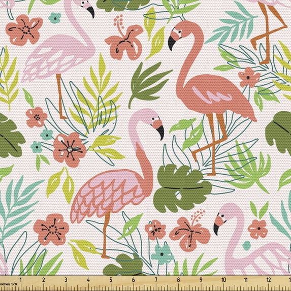 Ambesonne Flamingo Fabric by the Yard Upholstery, Tropic Birds Exotic Garden, 5 Yards, Multicolor