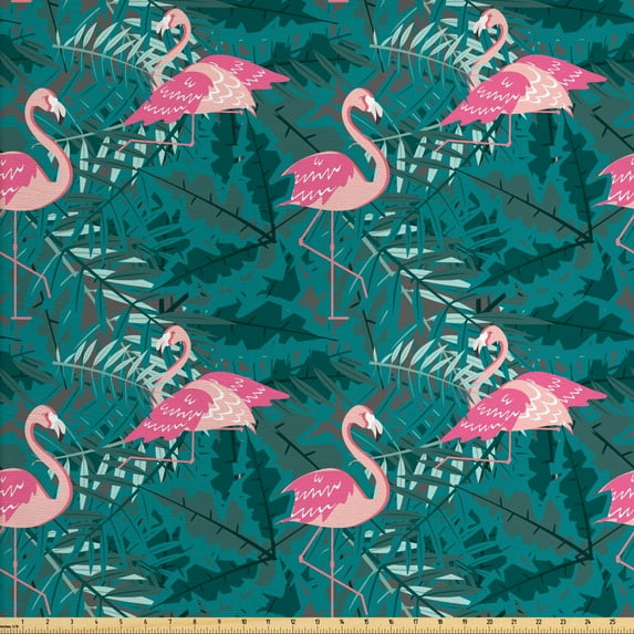 Ambesonne Flamingo Fabric by the Yard Upholstery, Tropic Birds on Leaves, 2 Yards, Teal and Pink