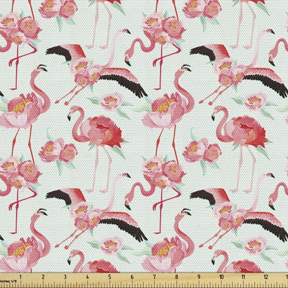 Ambesonne Flamingo Fabric by the Yard Upholstery, Tropic Birds with Peonies, 1 Yard, Pale Pink Mint Green