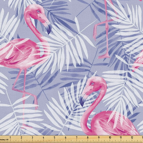 Ambesonne Flamingo Fabric by the Yard Upholstery, Tropical Palm Tree Leaves, 5 Yards, Pale Pink and Lavender