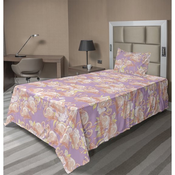 Ambesonne Flamingo Fitted & Flat Sheet with Sham 3 Pcs Set, Dancing Birds and Roses, Twin, Blush Lilac Pale Yellow