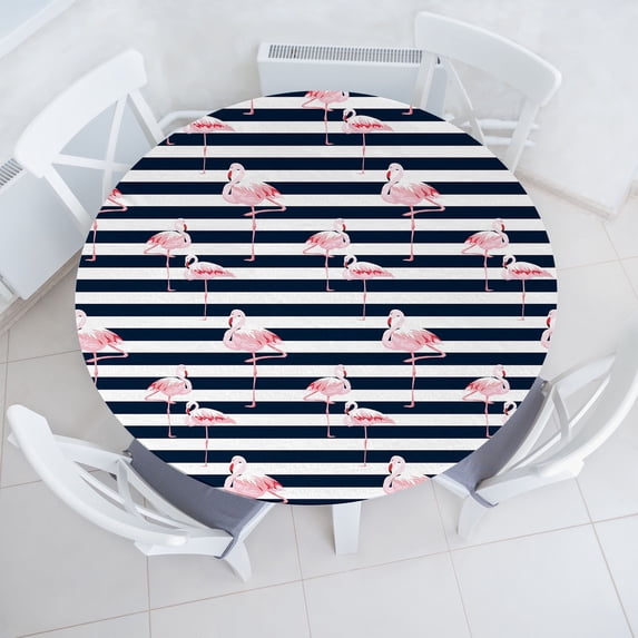 Ambesonne Flamingo Fitted Round Tablecloth, Exotic Bird Illustration, 40"- 44" Diameter, Indigo Pale Pink and White