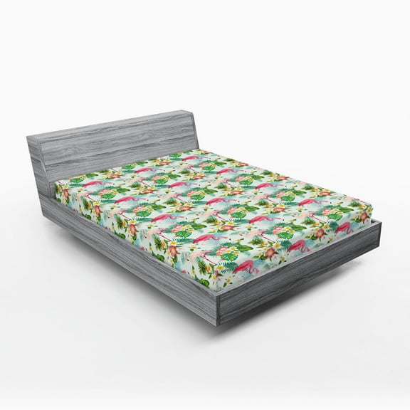 Ambesonne Flamingo Fitted Sheet 2 Pcs Set, Fresh Exotic Jungle, King, Multicolor