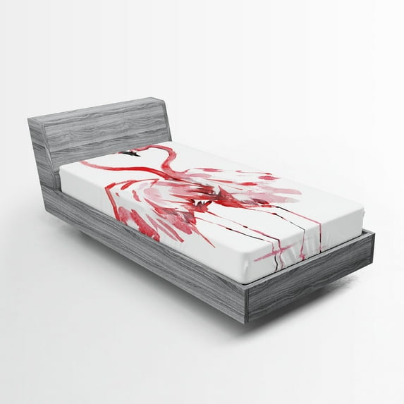Ambesonne Flamingo Fitted Sheet 2 Pcs Set, Lovers Kissing, Twin, Dark Coral White