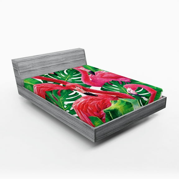 Ambesonne Flamingo Fitted Sheet 2 Pcs Set, Retro Exotic Leaves, King, Pink Green