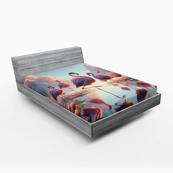 Ambesonne Flamingo Fitted Sheet, Blush Atmosphere Birds, Full Size, Pale Pink Soft Blue