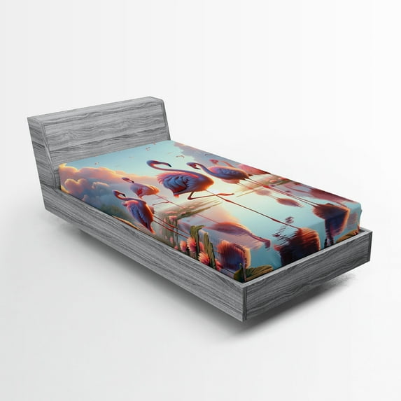 Ambesonne Flamingo Fitted Sheet, Blush Atmosphere Birds, Twin Size, Pale Pink Soft Blue