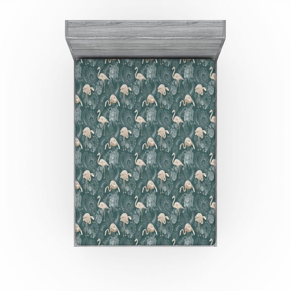 Ambesonne Flamingo Fitted Sheet, Exotic Bird Sketch Rose, King Size, Teal Eggshell