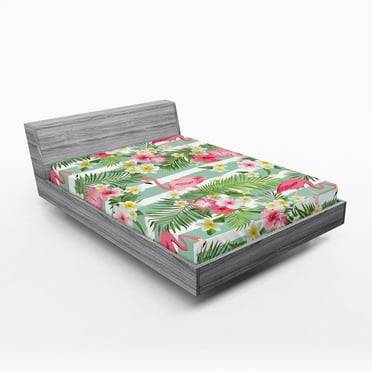 Ambesonne Flamingo Fitted Sheet, Exotic Hawaiian Leaf, California King, Green Pink White