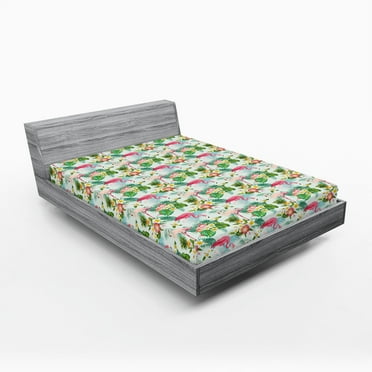 Ambesonne Flamingo Fitted Sheet, Fresh Exotic Jungle, California King, Multicolor