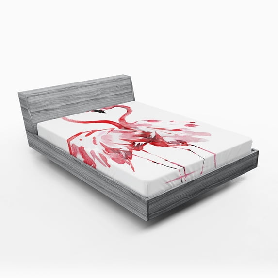 Ambesonne Flamingo Fitted Sheet, Lovers Kissing, Full Size, Dark Coral White