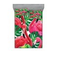 thumbnail image 1 of Ambesonne Flamingo Fitted Sheet & Pillow Sham Set, Retro Exotic Leaves, Calking, Pink Green, 1 of 2