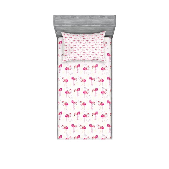 Ambesonne Flamingo Fitted Sheet & Pillow Sham Set, Tropic Birds and Spots, Twinxl, Hot Pink Blush