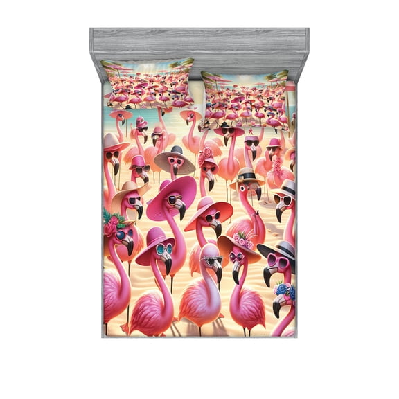 Ambesonne Flamingo Fitted Sheet & Pillow Sham Set, Tropical Birds Funny Beach, Full, Pink Beige and Pale Sky Blue