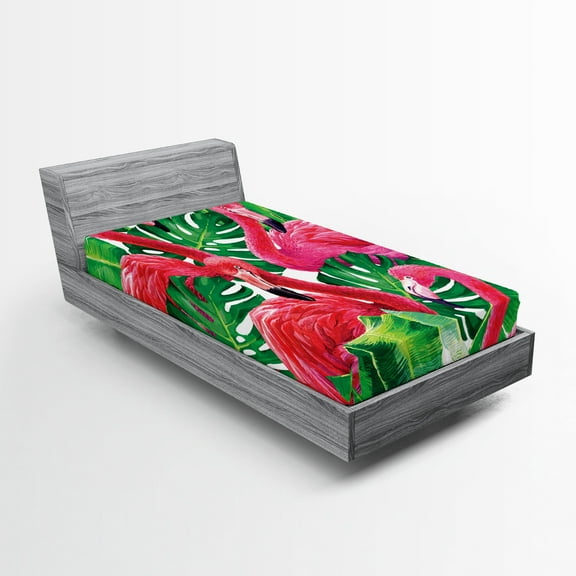 Ambesonne Flamingo Fitted Sheet, Retro Exotic Leaves, Twin XL Size, Pink Green