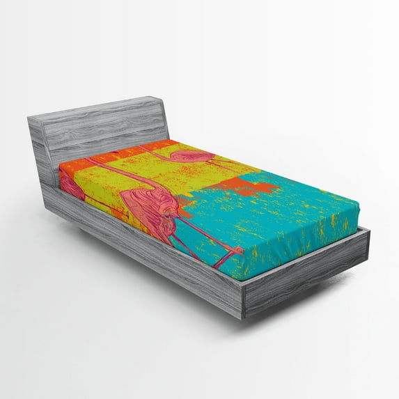 Ambesonne Flamingo Fitted Sheet, Retro Vintage Flamingo, Twin XL Size, Multicolor