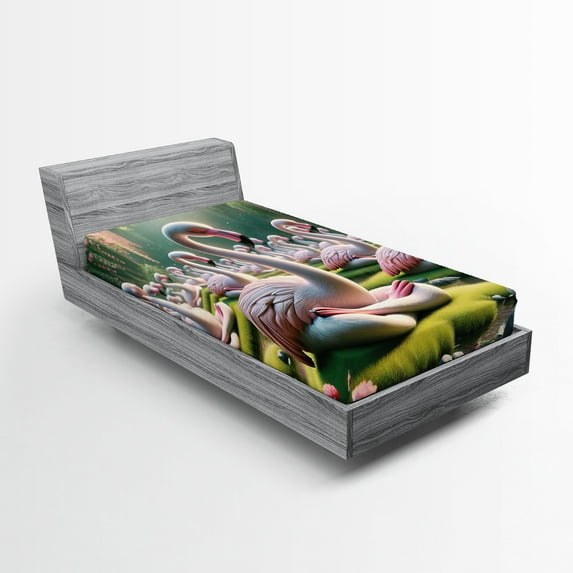 Ambesonne Flamingo Fitted Sheet, Serene Birds Nature Scene, TwinXL Size, Soft Pink and Lime Green