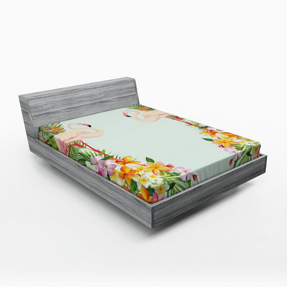 Ambesonne Flamingo Fitted Sheet, Tropic Flowers Animals, Full Size, Pale Blue Orange