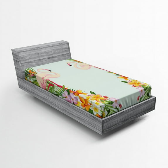 Ambesonne Flamingo Fitted Sheet, Tropic Flowers Animals, Twin Size, Pale Blue Orange