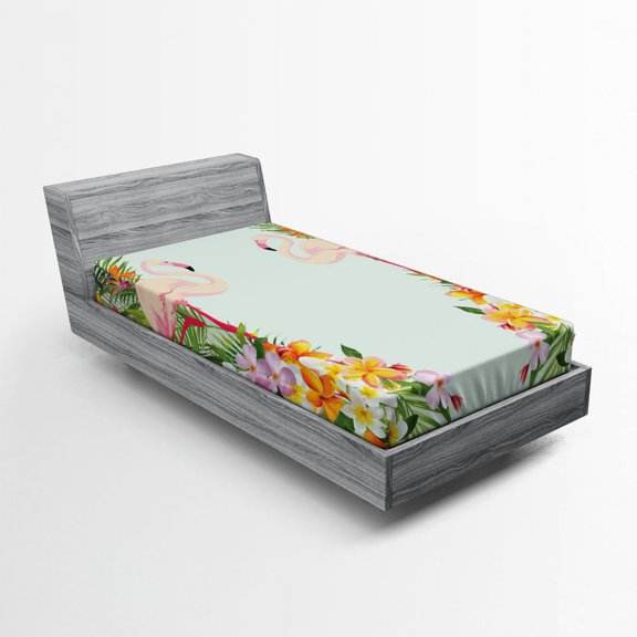 Ambesonne Flamingo Fitted Sheet, Tropic Flowers Animals, Twin XL Size, Pale Blue Orange