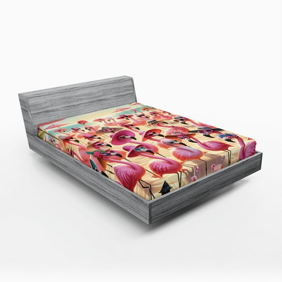 Ambesonne Flamingo Fitted Sheet, Tropical Birds Funny Beach, California King, Pink Beige and Pale Sky Blue