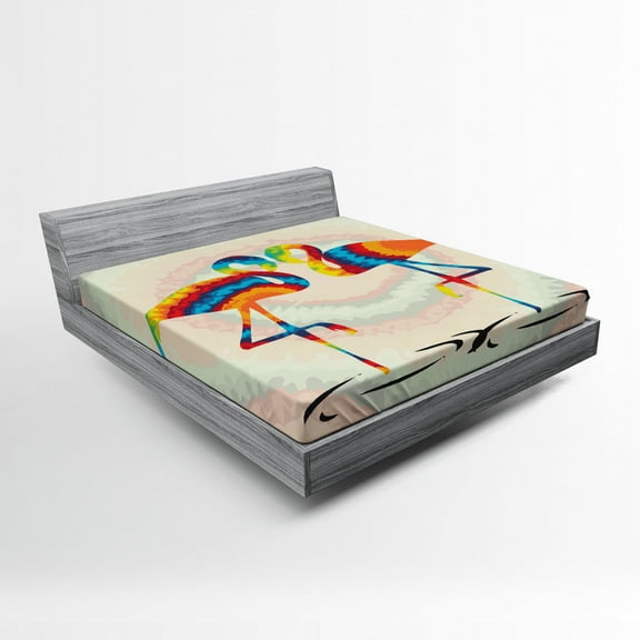 Ambesonne Flamingo Fitted Sheet, Valentines Funky Birds, Full Size, Multicolor