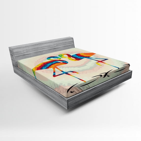 Ambesonne Flamingo Fitted Sheet, Valentines Funky Birds, Queen Size, Multicolor