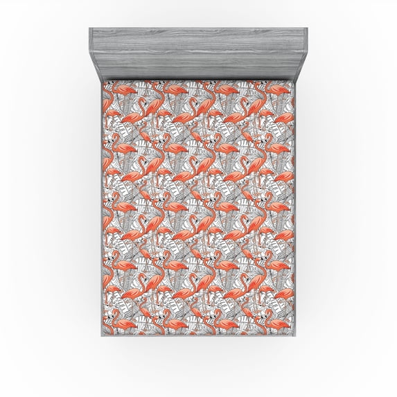 Ambesonne Flamingo Fitted Sheet, Wild Palm Leaves Exotics, Full Size, Salmon White
