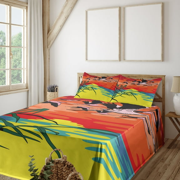 Ambesonne Flamingo Fitted & Top Sheet Set with Shams, Birds in the Air Art, Multicolor