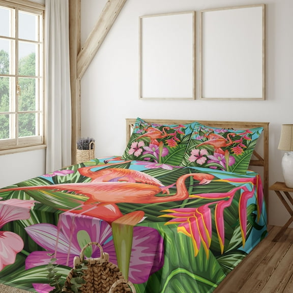Ambesonne Flamingo Fitted & Top Sheet Set with Shams, Hibiscus Tropic Flower, Green Pink Blue