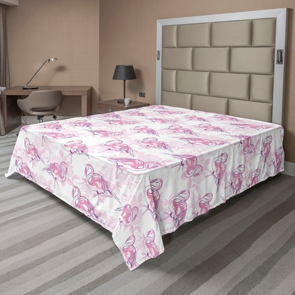 Ambesonne Flamingo Flat Bedding Sheet Soft Top Sheet, Pinkish Roses and Birds, Queen, Pale Fuchsia Violet and White