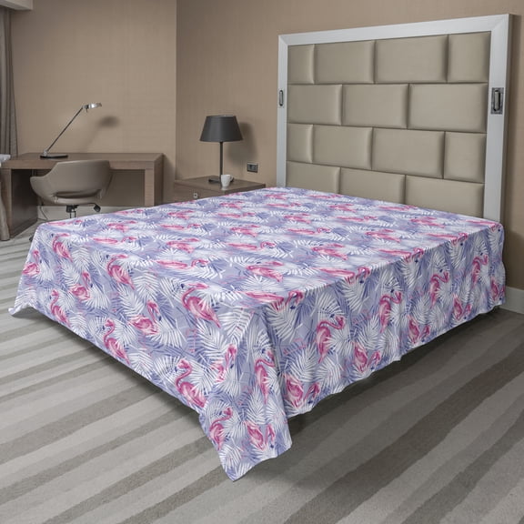 Ambesonne Flamingo Flat Bedding Sheet Soft Top Sheet, Tropical Palm Tree Leaves, California King, Pale Pink and Lavender