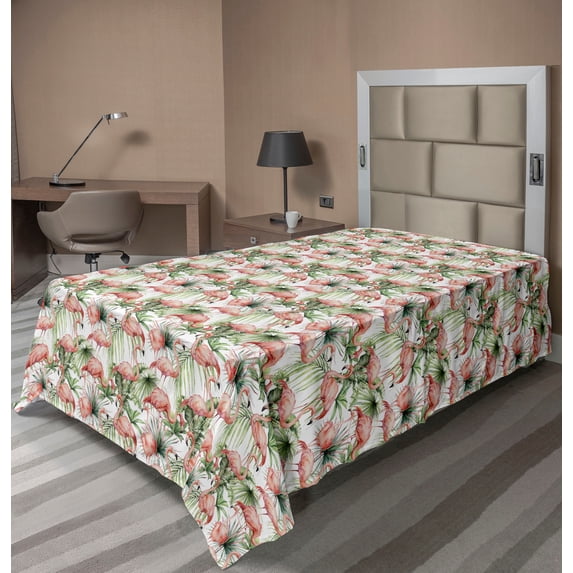 Ambesonne Flamingo Flat Bedding Sheet Soft Top Sheet, Wild Leaves Exotic Bird, Twin XL, Pale Rose and Reseda Green