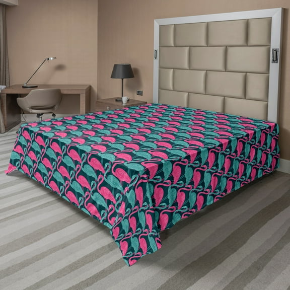 Ambesonne Flamingo Flat Sheet, Bicolour Exotic Bird, California King, Dark Teal Pink