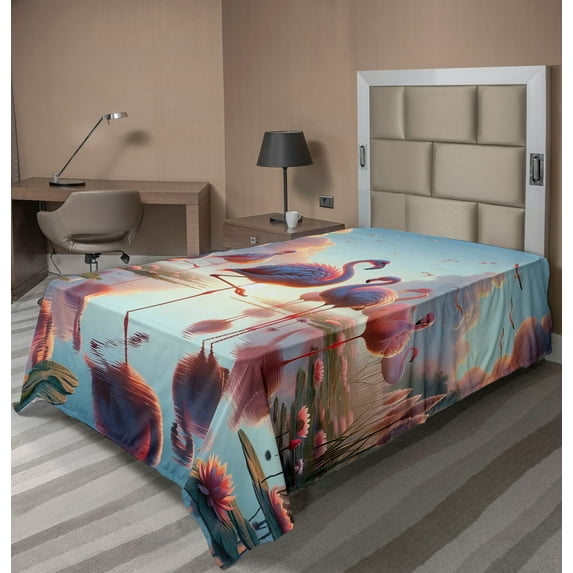 Ambesonne Flamingo Flat Sheet, Blush Atmosphere Birds, Twin Size, Pale Pink Soft Blue