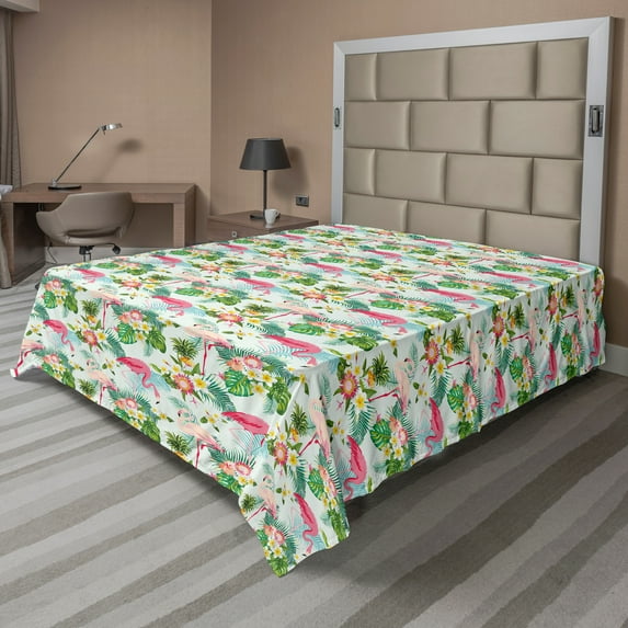 Ambesonne Flamingo Flat Sheet, Fresh Exotic Jungle, California King, Multicolor