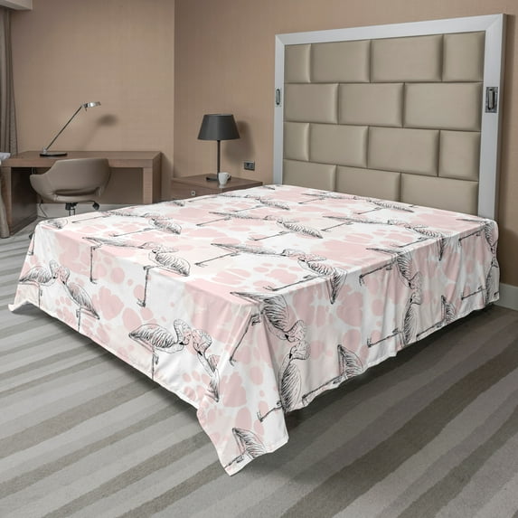 Ambesonne Flamingo Flat Sheet, Hearts Love Valentines, Queen Size, Pale Pink Grey