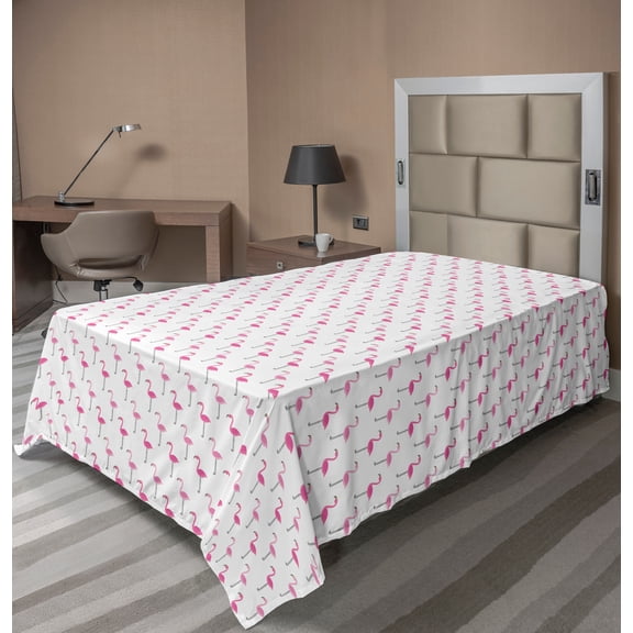 Ambesonne Flamingo Flat Sheet, Minimal Exotic Birds Motif, TwinXL Size, Pink and White